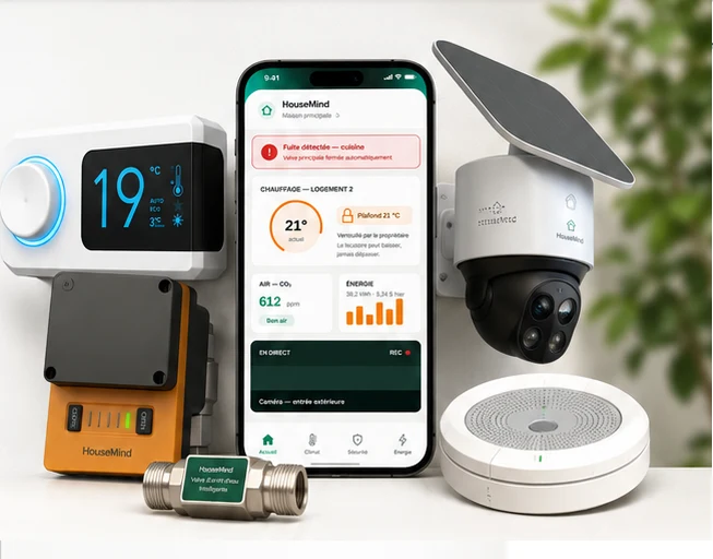HouseMind thermostat, mobile application, water valve, smoke detector and security camera